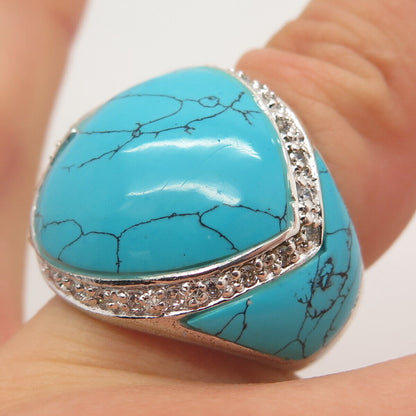 925 Sterling Silver Vintage Real Turquoise Gem & C Z Wide Ring Size 6.25