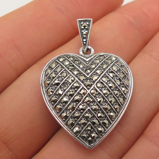 925 Sterling Silver Vintage Real Marcasite Gemstone Heart Pendant