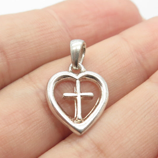 925 Sterling Silver Vintage Heart & Cross Charm Pendant