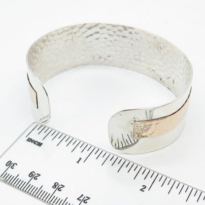 925 Sterling Silver / Gold Filled Vintage Hammered Adjustable Cuff Bracelet 7"