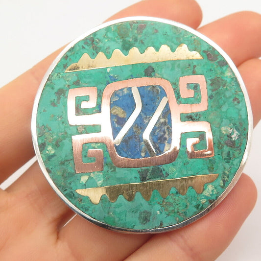 925 Sterling Silver 3-Tone Vintage Mexico Azurite Gem Inlay Tribal Pin Brooch