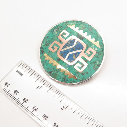 925 Sterling Silver 3-Tone Vintage Mexico Azurite Gem Inlay Tribal Pin Brooch