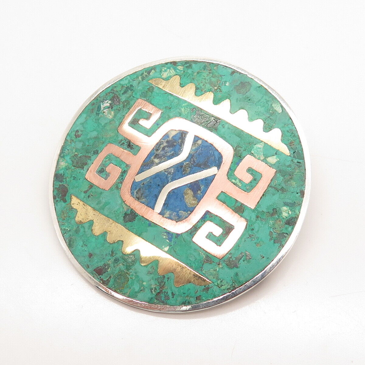 925 Sterling Silver 3-Tone Vintage Mexico Azurite Gem Inlay Tribal Pin Brooch