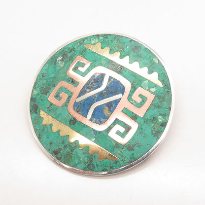 925 Sterling Silver 3-Tone Vintage Mexico Azurite Gem Inlay Tribal Pin Brooch