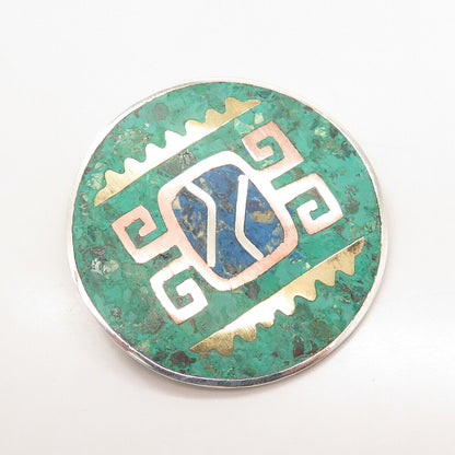 925 Sterling Silver 3-Tone Vintage Mexico Azurite Gem Inlay Tribal Pin Brooch