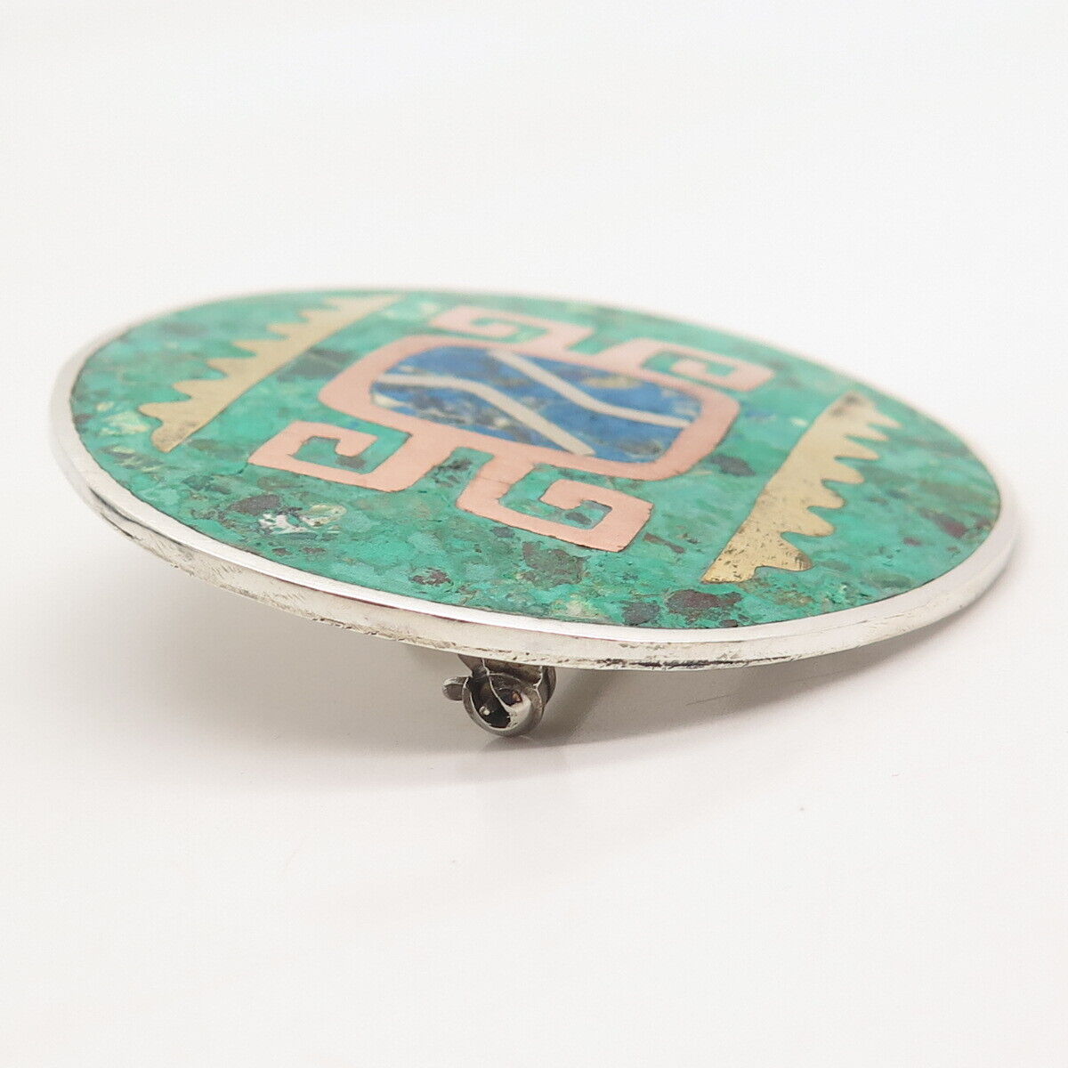 925 Sterling Silver 3-Tone Vintage Mexico Azurite Gem Inlay Tribal Pin Brooch