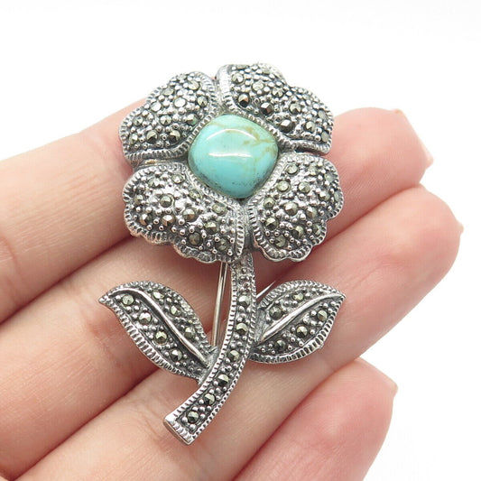 925 Sterling Silver Vintage Real Turquoise & Marcasite Gem Flower Pin Brooch