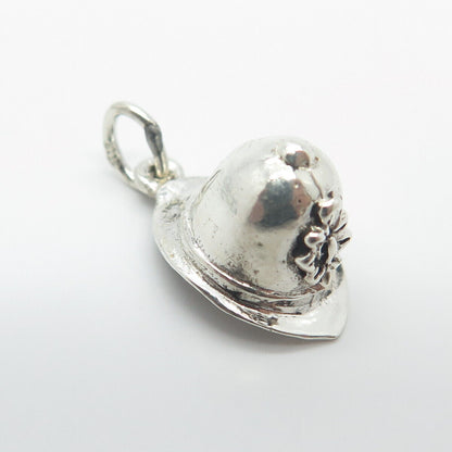 925 Sterling Silver Vintage Hat w/ Flower 3D Charm Pendant