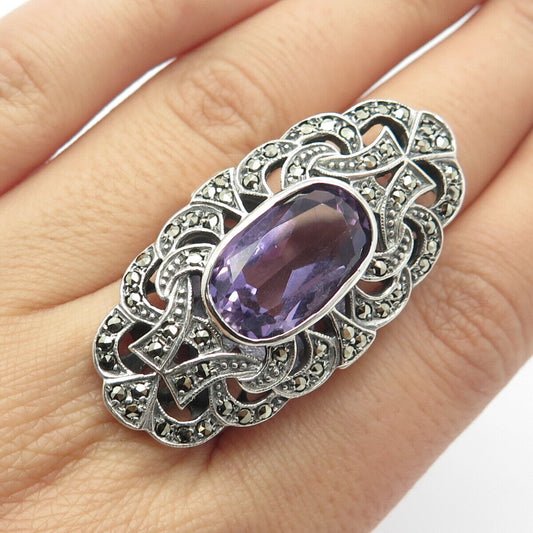 925 Sterling Silver Vintage Amethyst & Marcasite Gem Statement Ring Size 7.25