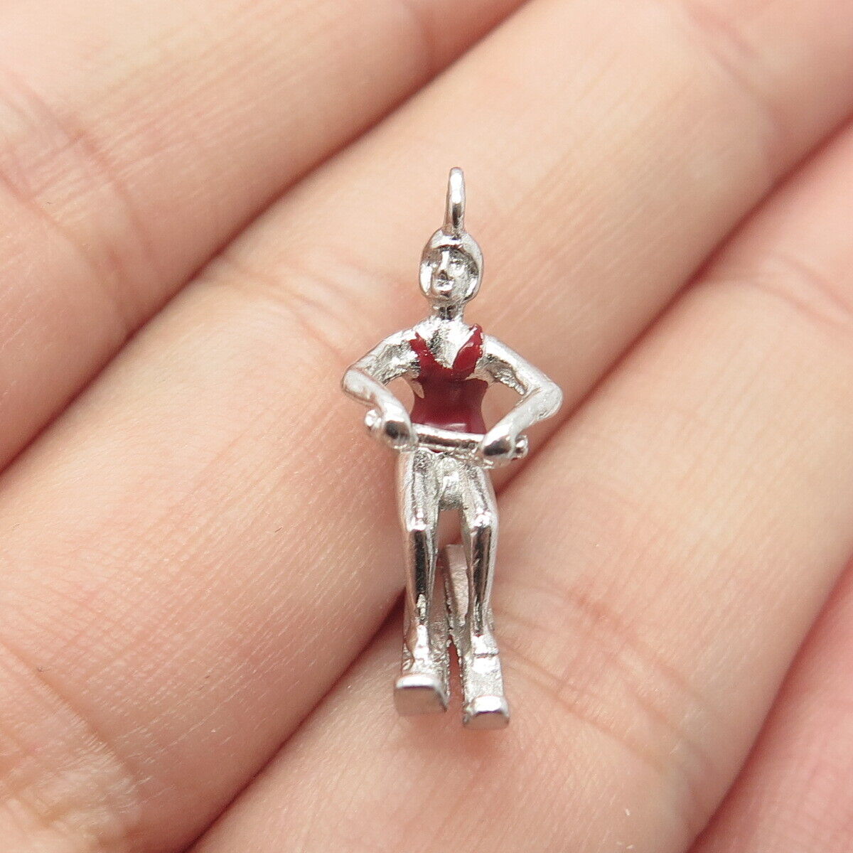 925 Sterling Silver Vintage Red Enamel Water Skiing Charm Pendant