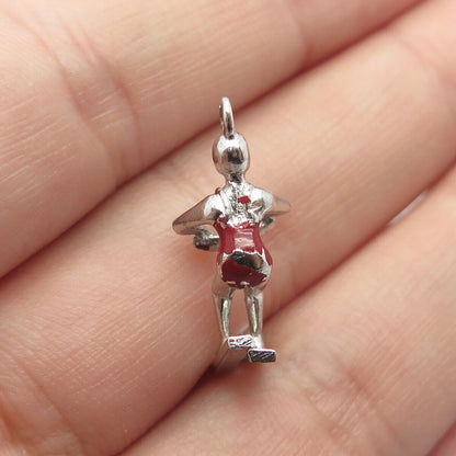 925 Sterling Silver Vintage Red Enamel Water Skiing Charm Pendant