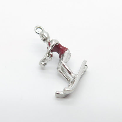 925 Sterling Silver Vintage Red Enamel Water Skiing Charm Pendant