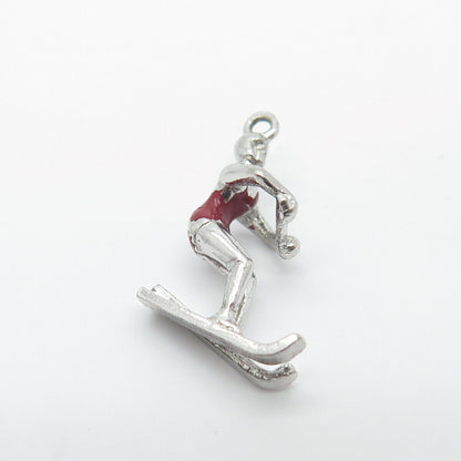 925 Sterling Silver Vintage Red Enamel Water Skiing Charm Pendant