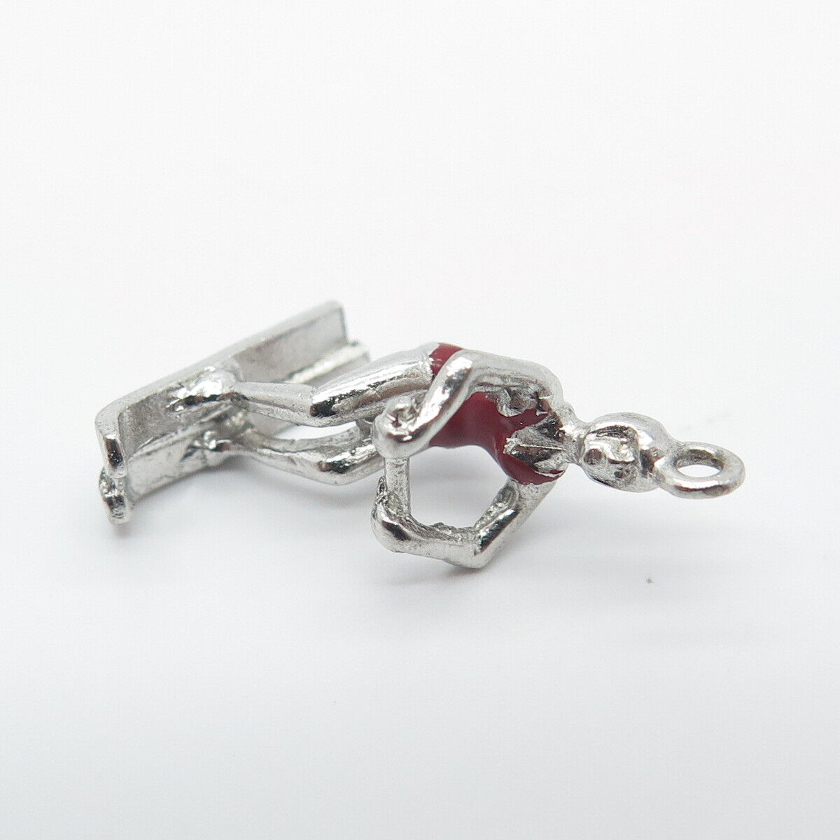 925 Sterling Silver Vintage Red Enamel Water Skiing Charm Pendant