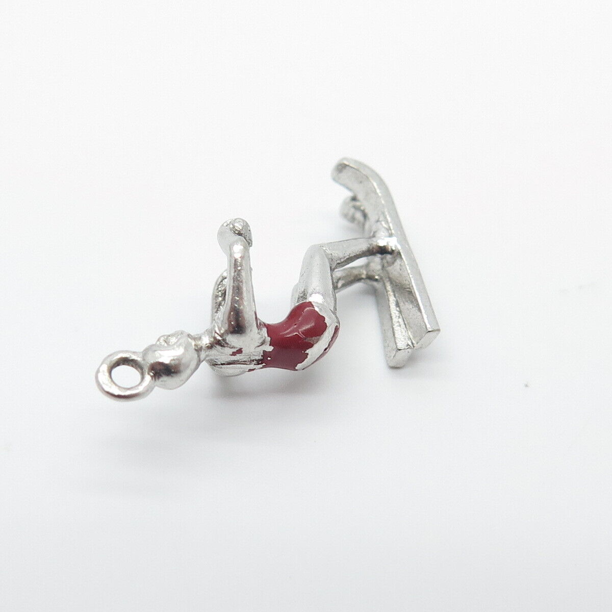 925 Sterling Silver Vintage Red Enamel Water Skiing Charm Pendant