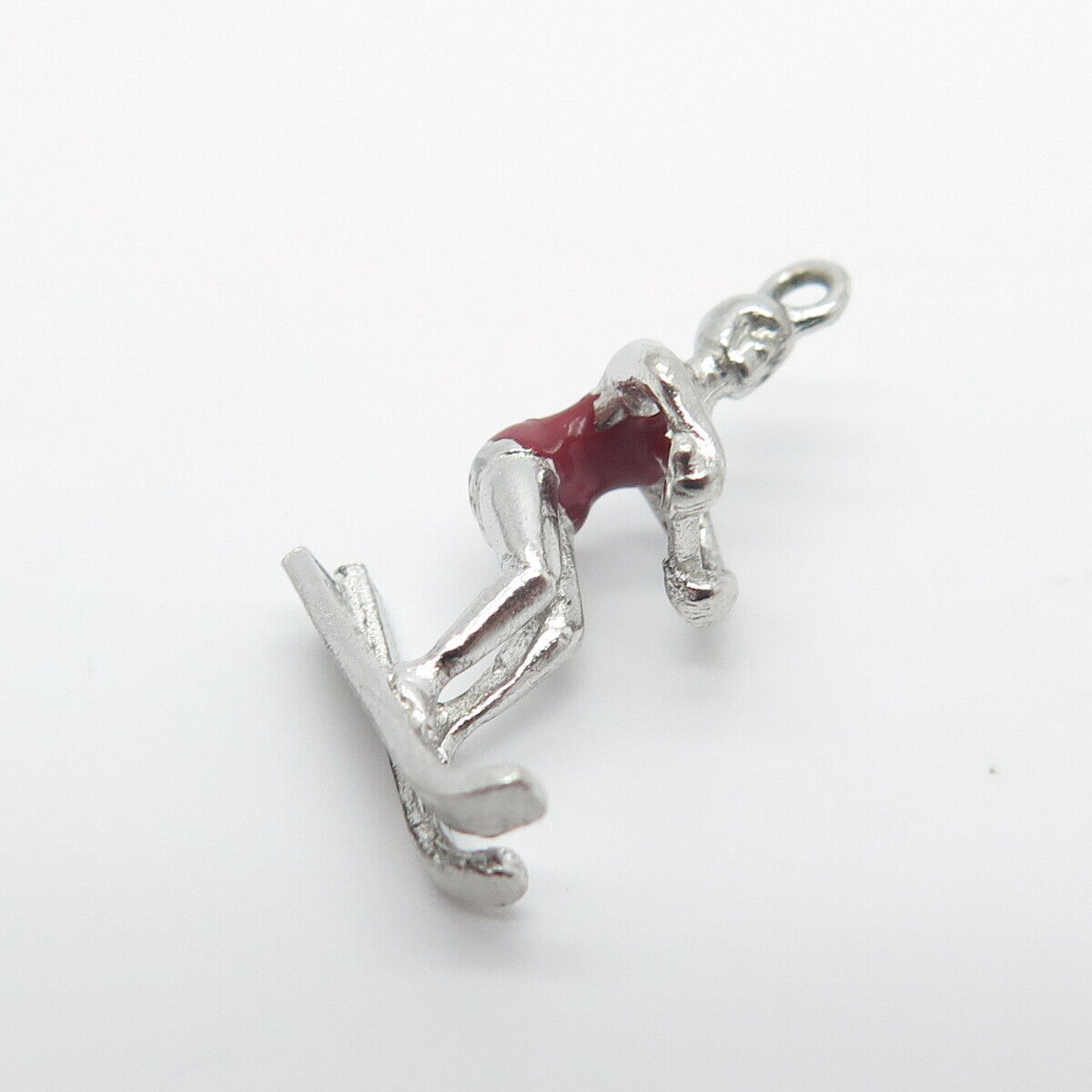 925 Sterling Silver Vintage Red Enamel Water Skiing Charm Pendant