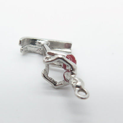 925 Sterling Silver Vintage Red Enamel Water Skiing Charm Pendant