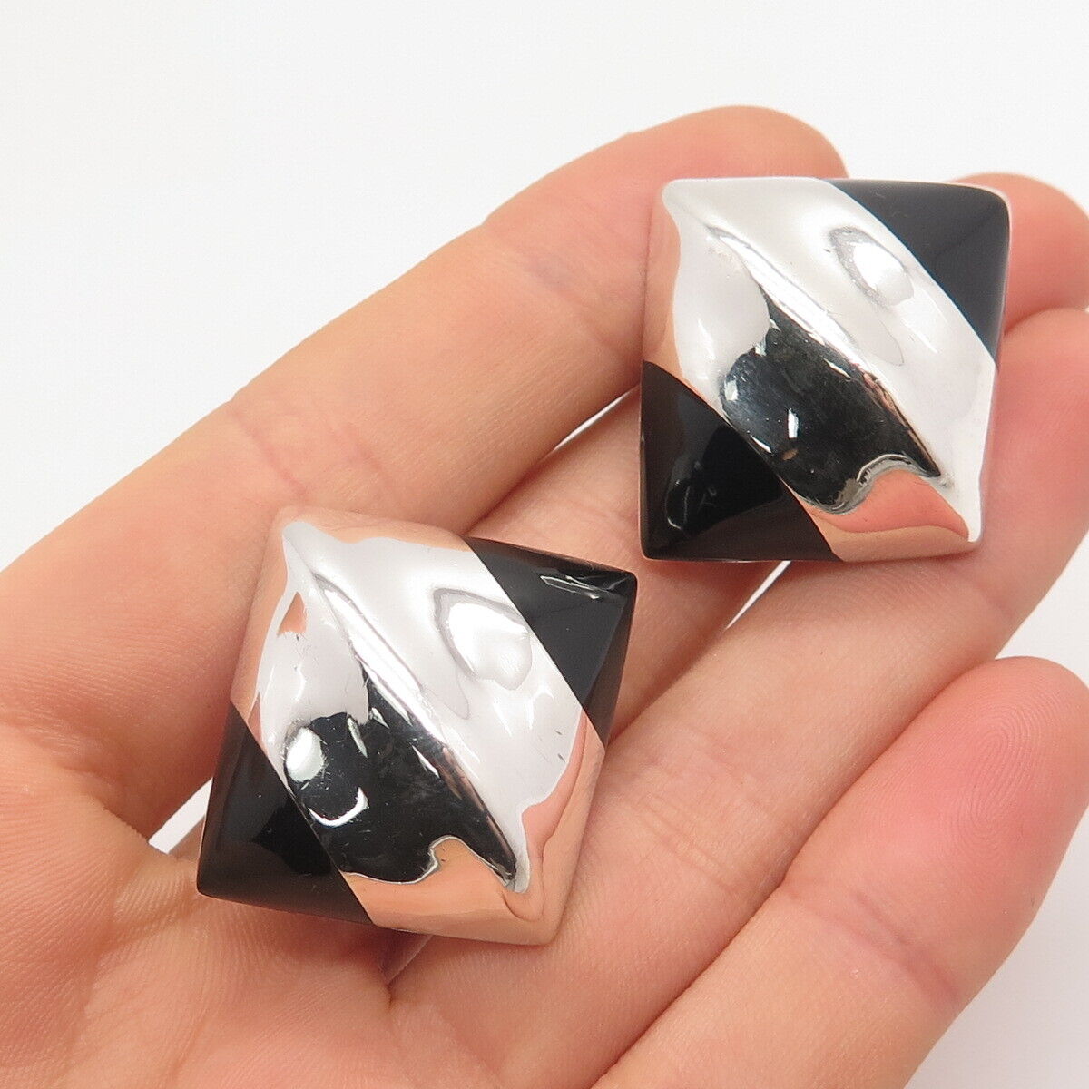 925 Sterling Silver Vintage Real Black Onyx Gem Clip On Earrings