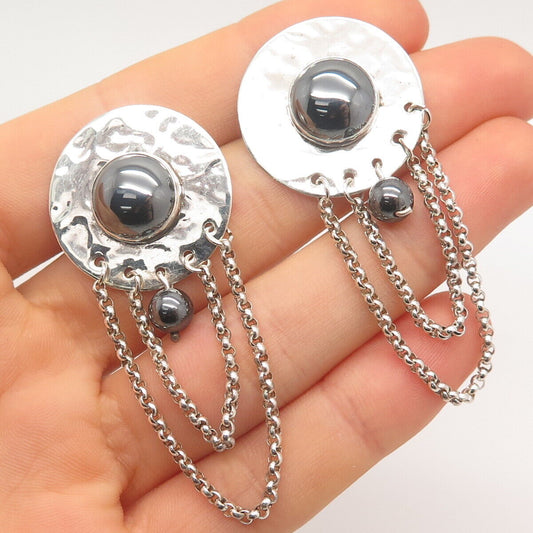 925 Sterling Silver Vintage Hematite Gem Box Chain Hammered Round Earrings