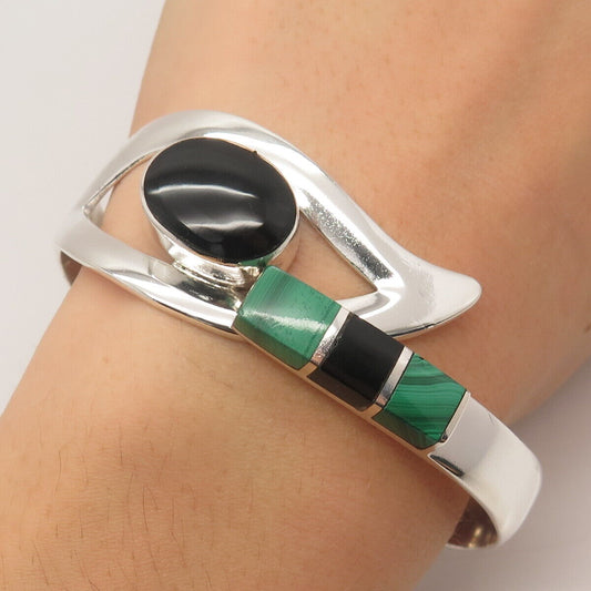 925 Sterling Silver Vintage Mexico Black Onyx & Malachite Bangle Bracelet 7.25"