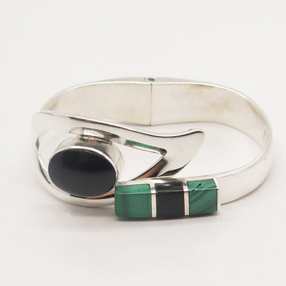 925 Sterling Silver Vintage Mexico Black Onyx & Malachite Bangle Bracelet 7.25"