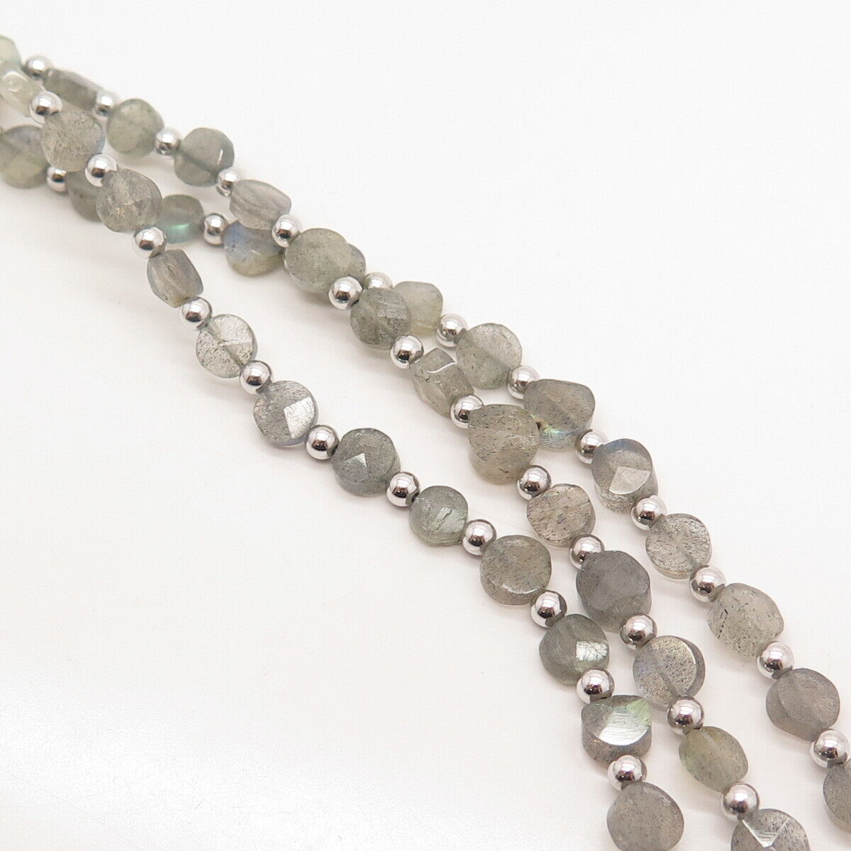 925 Sterling Silver Vintage Real Labradorite Gem 3-Row Bead Link Bracelet 7.75"