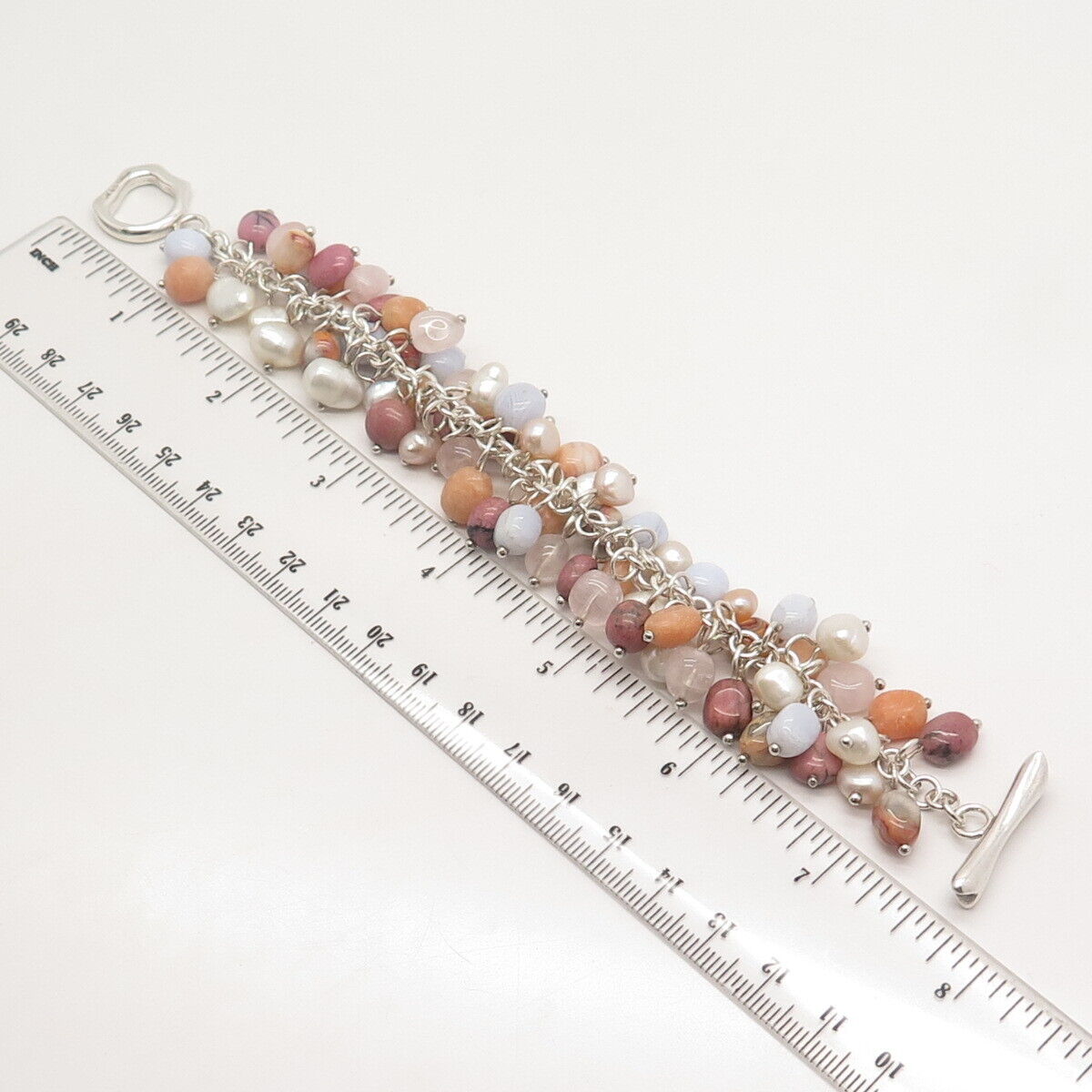 925 Sterling Silver Vintage Whitney Kelly Pearl Agate Rhodonite Gem Bracelet 7"