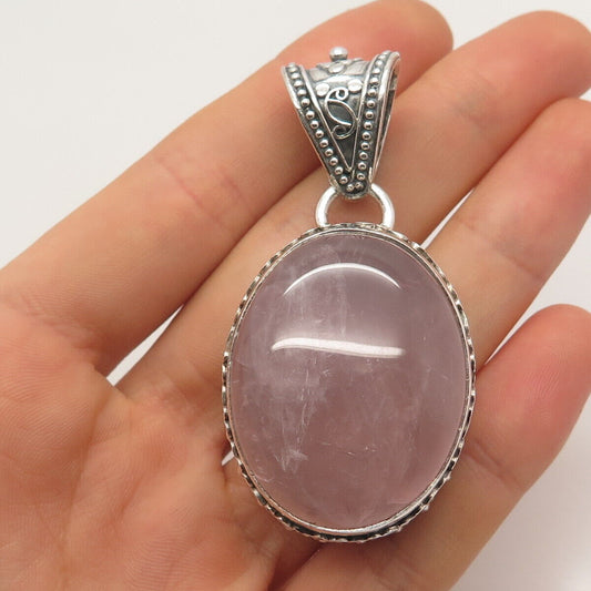 925 Sterling Silver Vintage Real Rose Quartz Ornate Pendant