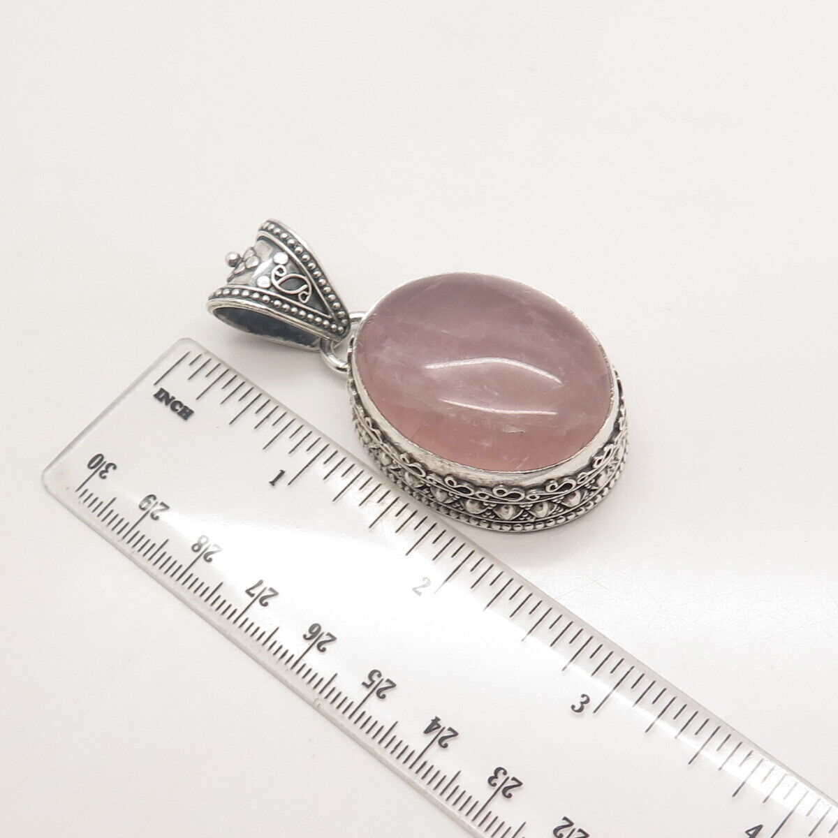 925 Sterling Silver Vintage Real Rose Quartz Ornate Pendant