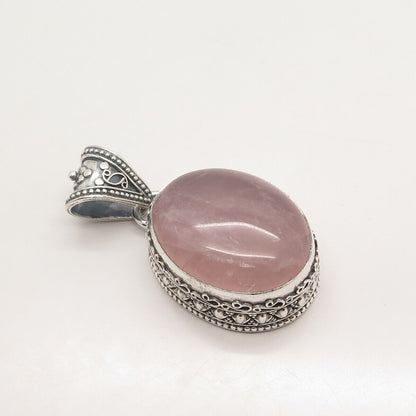 925 Sterling Silver Vintage Real Rose Quartz Ornate Pendant