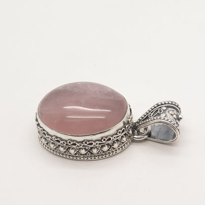 925 Sterling Silver Vintage Real Rose Quartz Ornate Pendant