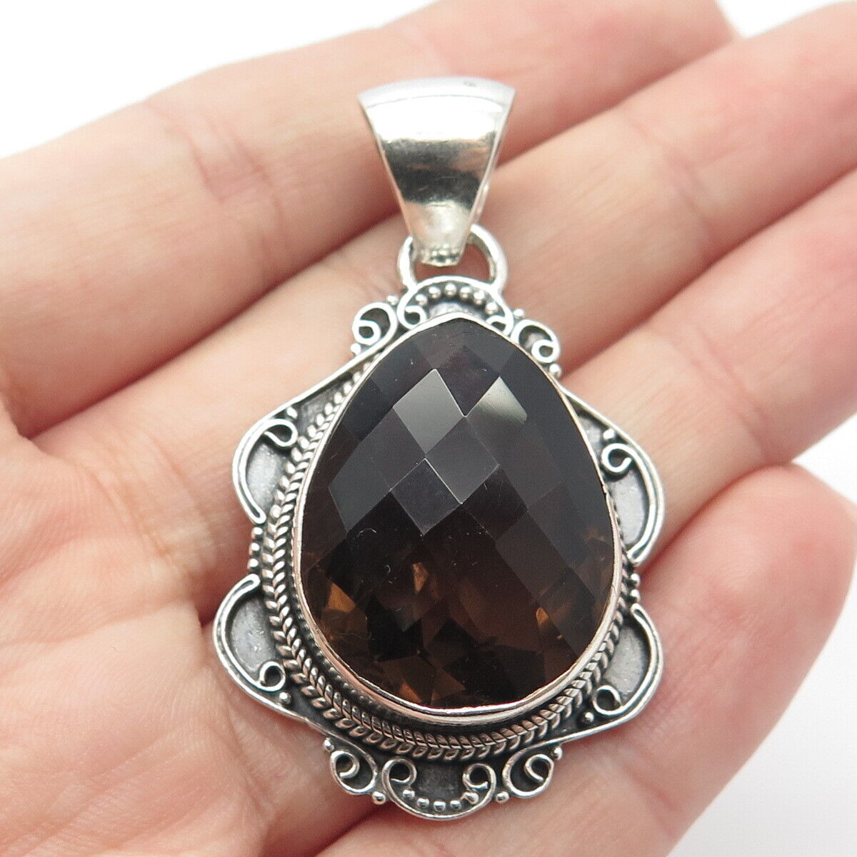 925 Sterling Silver Vintage Real Smoky Quartz Beaded Teardrop Pendant