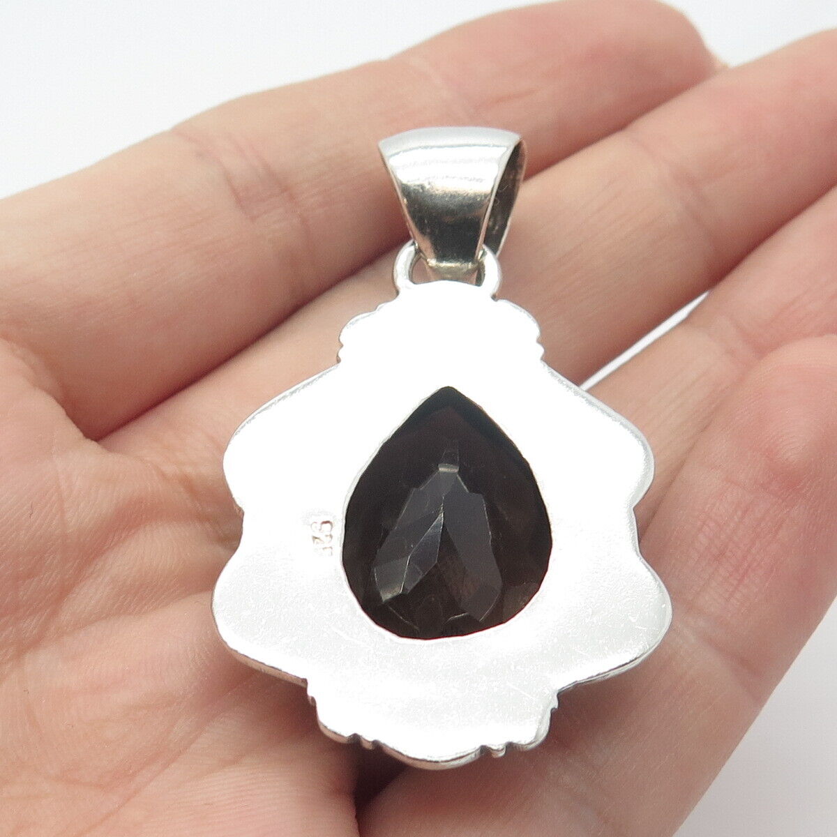 925 Sterling Silver Vintage Real Smoky Quartz Beaded Teardrop Pendant