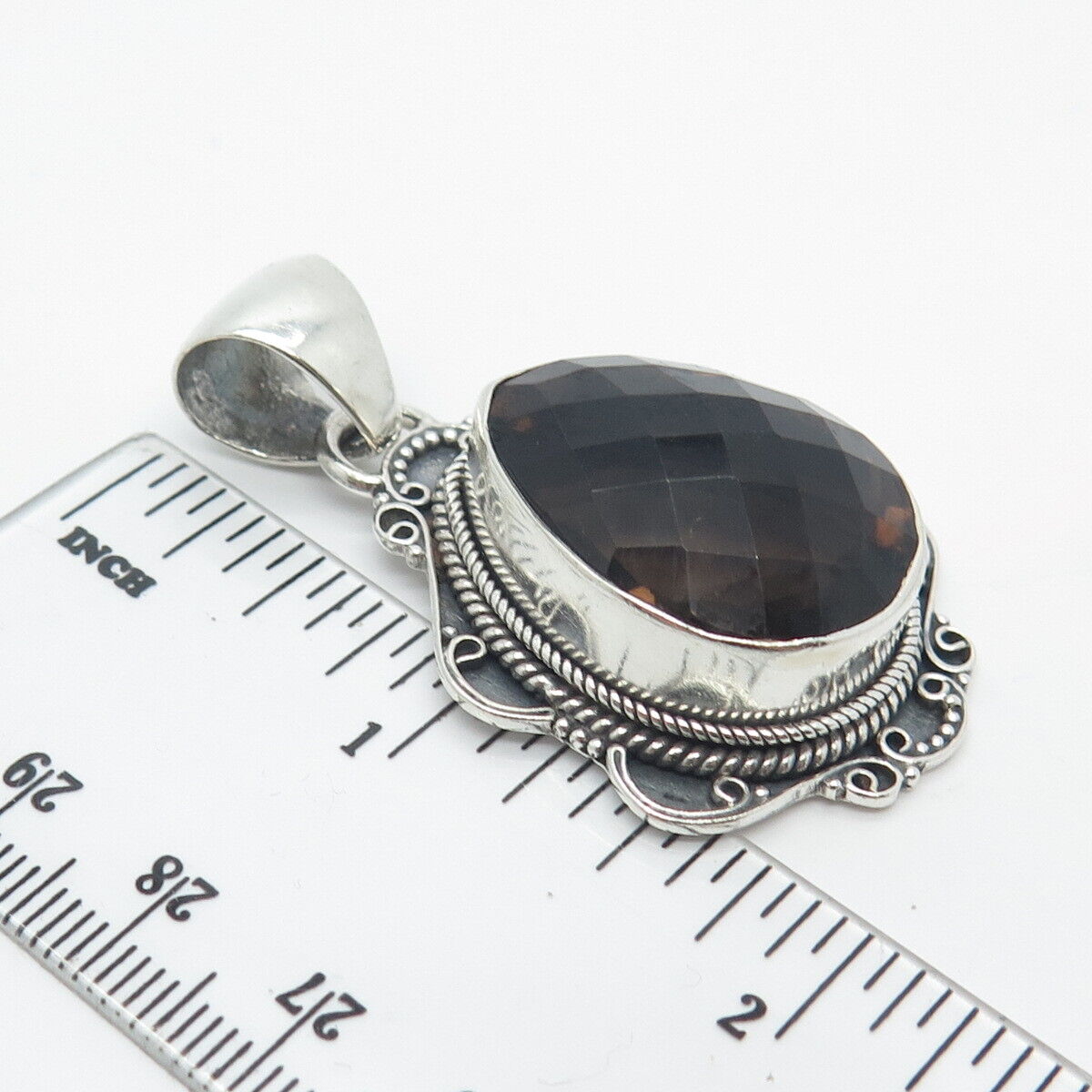 925 Sterling Silver Vintage Real Smoky Quartz Beaded Teardrop Pendant