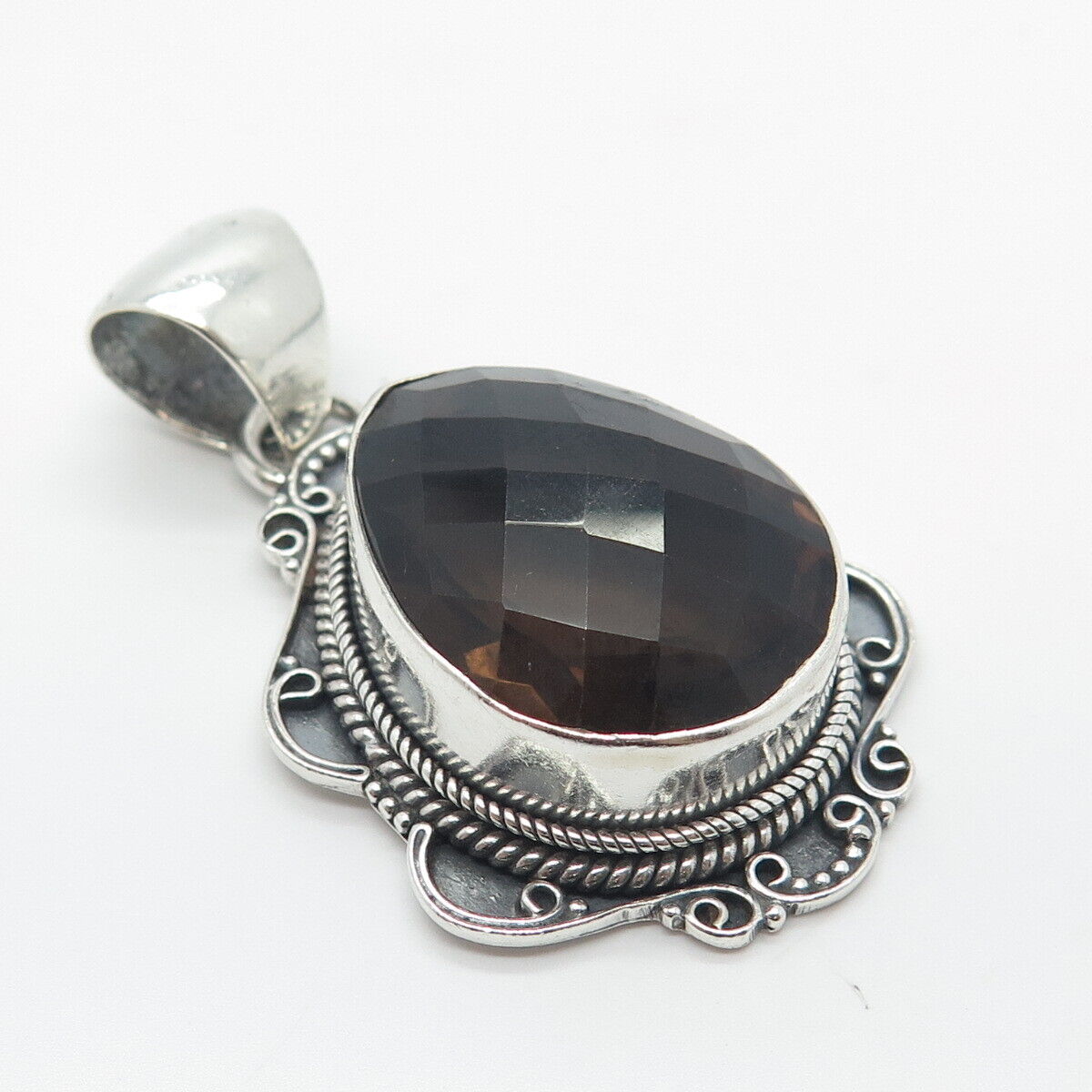 925 Sterling Silver Vintage Real Smoky Quartz Beaded Teardrop Pendant