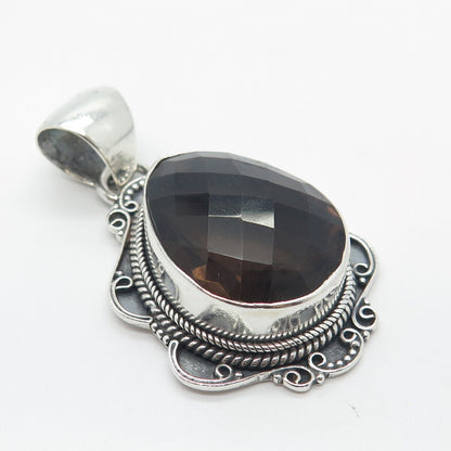 925 Sterling Silver Vintage Real Smoky Quartz Beaded Teardrop Pendant