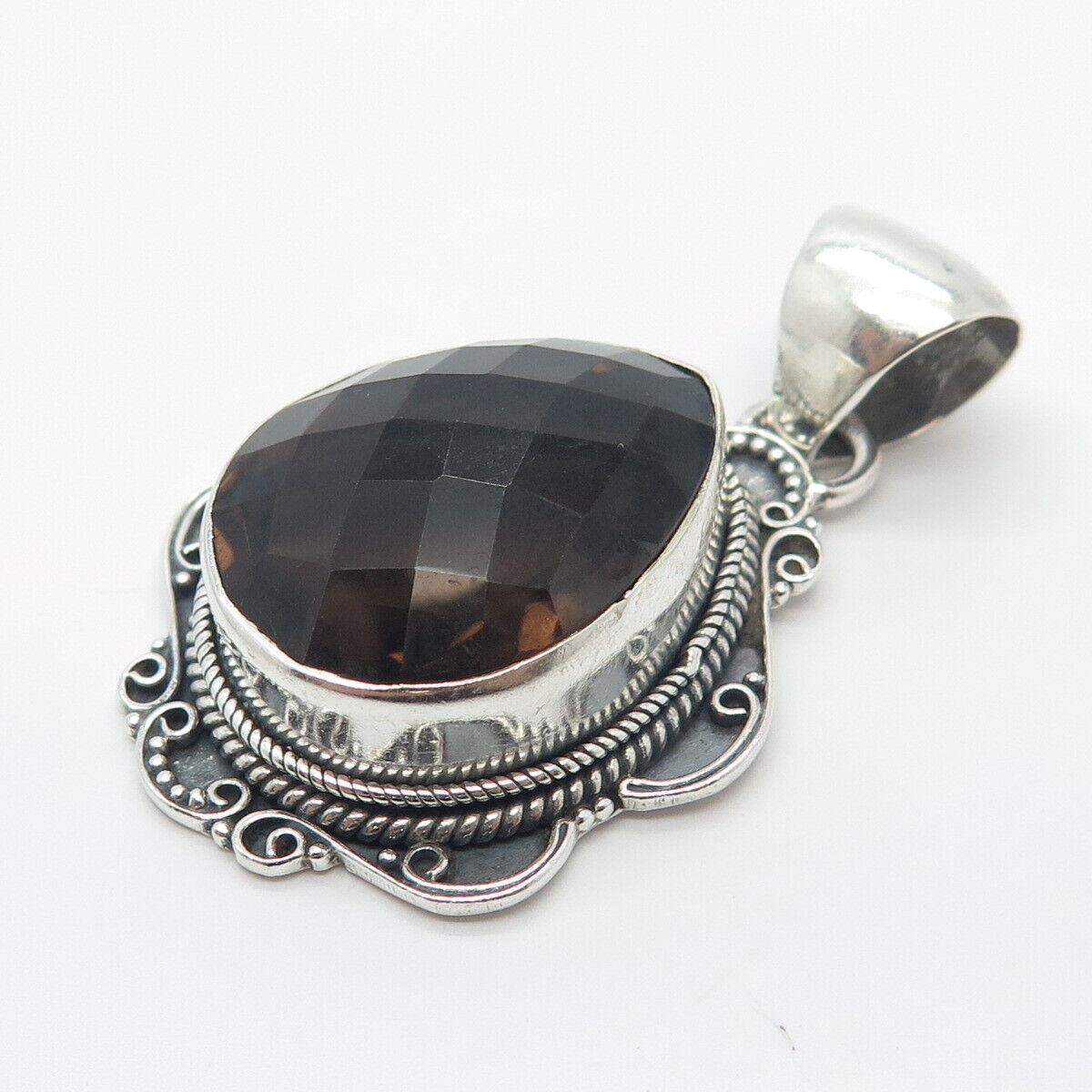 925 Sterling Silver Vintage Real Smoky Quartz Beaded Teardrop Pendant