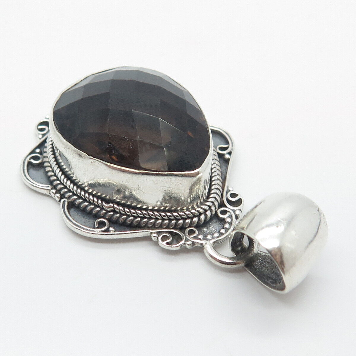 925 Sterling Silver Vintage Real Smoky Quartz Beaded Teardrop Pendant