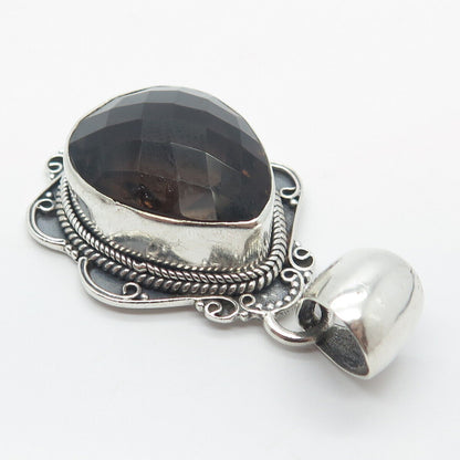 925 Sterling Silver Vintage Real Smoky Quartz Beaded Teardrop Pendant
