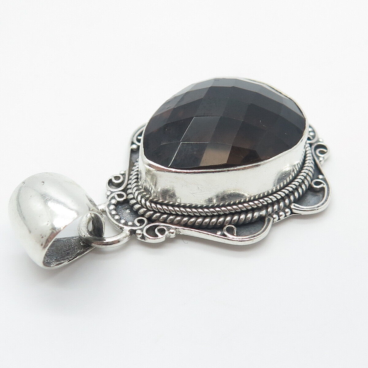 925 Sterling Silver Vintage Real Smoky Quartz Beaded Teardrop Pendant