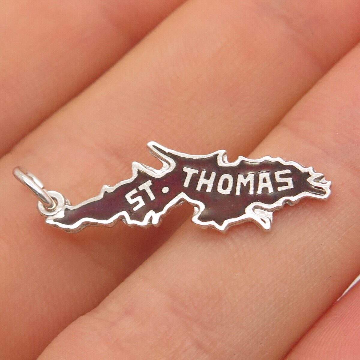 925 Sterling Silver Vintage Enamel St. Thomas Map Pendant