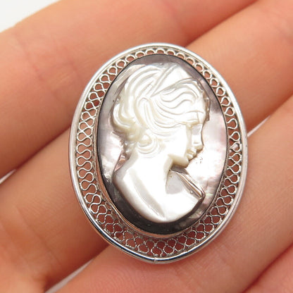 925 Sterling Silver Vintage Beau Real Mother-of-Pearl Lady Cameo Pin Brooch