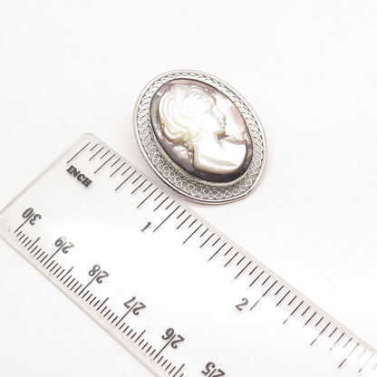 925 Sterling Silver Vintage Beau Real Mother-of-Pearl Lady Cameo Pin Brooch