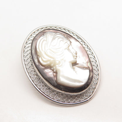 925 Sterling Silver Vintage Beau Real Mother-of-Pearl Lady Cameo Pin Brooch