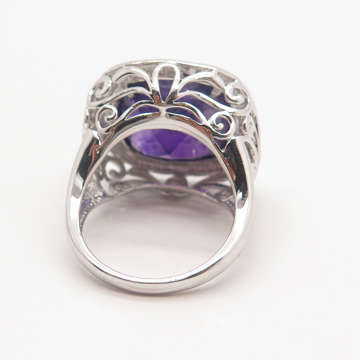 925 Sterling Silver Real Amethyst Gem Ornate Ring Size 8.25