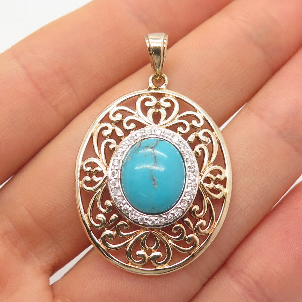 925 Sterling Silver Gold Plated Ross Simons Turquoise Gem & C Z Ornate Pendant