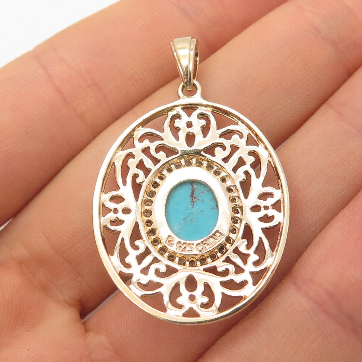 925 Sterling Silver Gold Plated Ross Simons Turquoise Gem & C Z Ornate Pendant