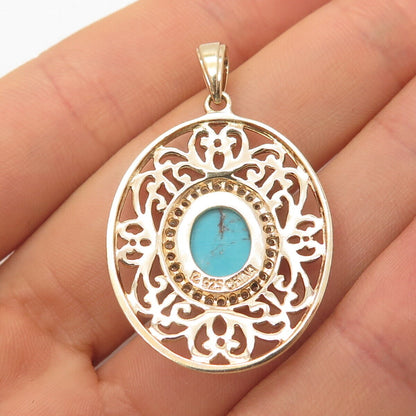 925 Sterling Silver Gold Plated Ross Simons Turquoise Gem & C Z Ornate Pendant