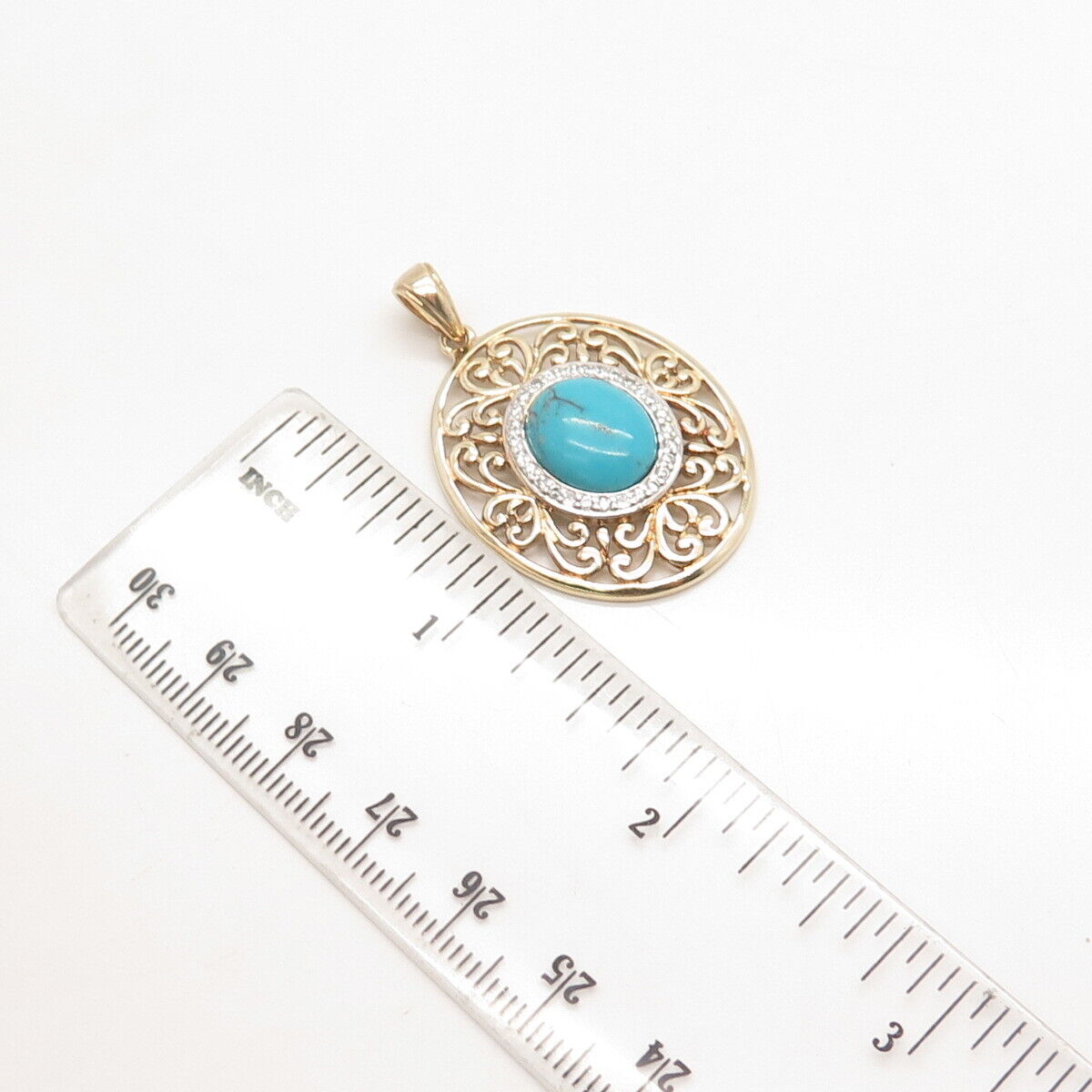 925 Sterling Silver Gold Plated Ross Simons Turquoise Gem & C Z Ornate Pendant