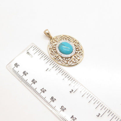 925 Sterling Silver Gold Plated Ross Simons Turquoise Gem & C Z Ornate Pendant